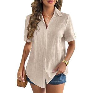 Women Linen Button Down Shirt Rolled Cuffed Short Sleeve Blouse Ladies